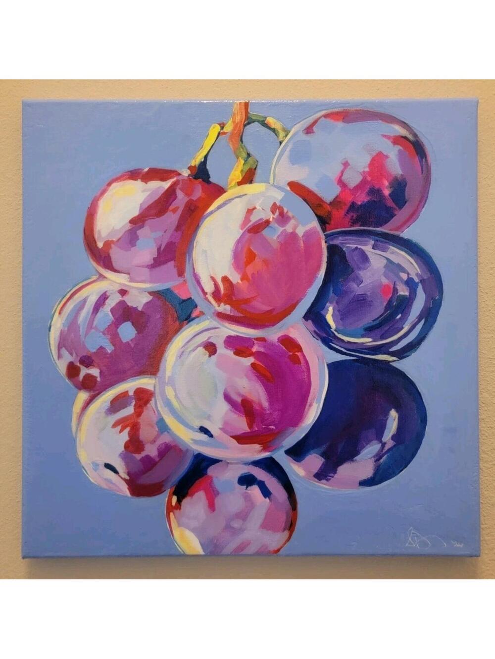 Grapes On Blue Original Acrylic Gouache Painting on Canvas 14"×14" Art $200
